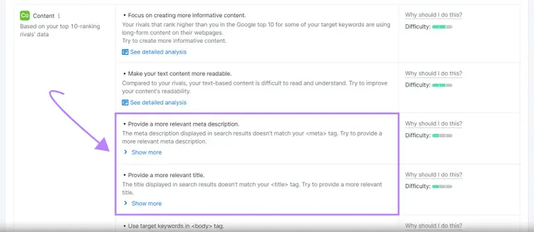 Specific optimization ideas for the page specified above