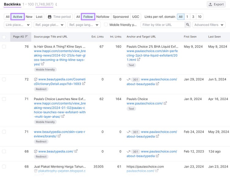 "Backlinks" section of the Backlinks tool with "Active" and "Follow" filters highlighted