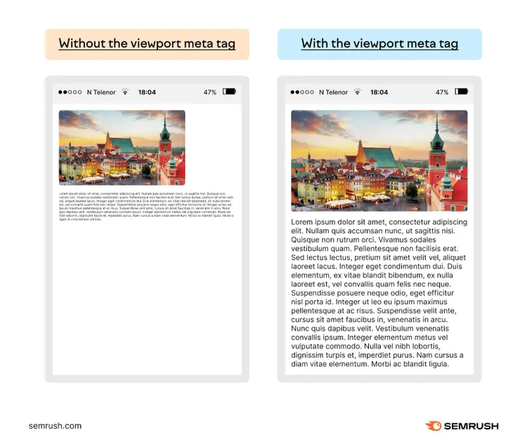 Comparison: mobile page without vs with viewport meta tag