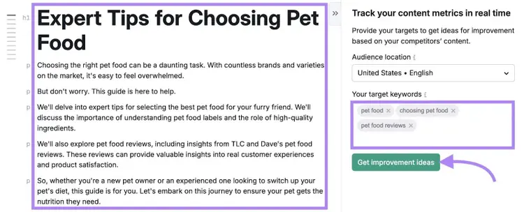 Content Optimizer tool with an article pasted, target keywords entered, and "Get improvement ideas" clicked.