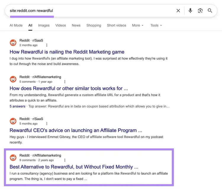 Using a site search operator on Google to find Reddit threads mentioning a specific brand.
