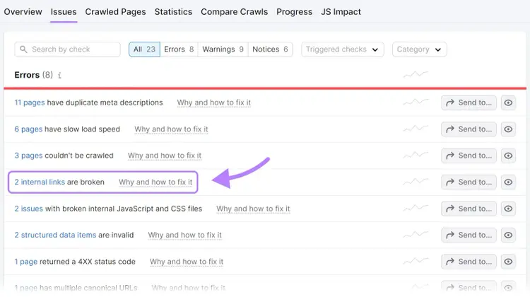 “2 internal links are broken" result highlighted under the "Issues" tab in Site Audit