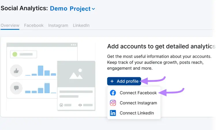“Connect Facebook" button selected under "Add profile" drop-down in Social Analytics