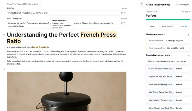 Article editor showing Perfect French Press Ratio with SEO panel