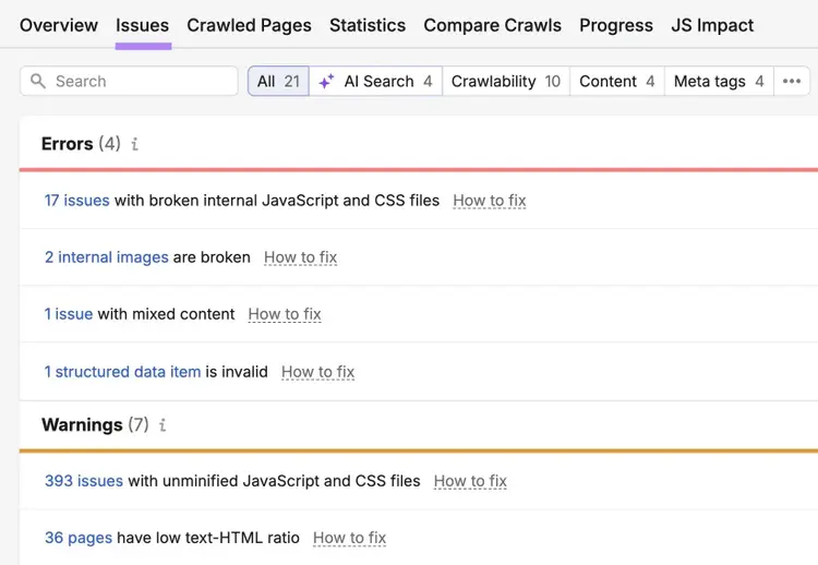 The "Issues" tab on Site Audit show site issues categorized into errors, warnings, and notices.