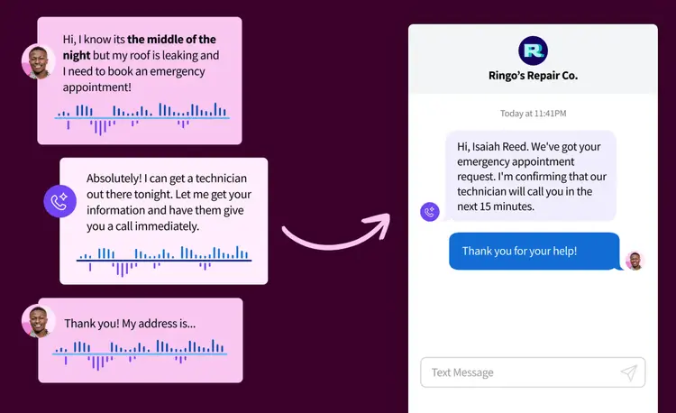 Voice Assist feature scheduling a technician appointment through a call answering system and chat.