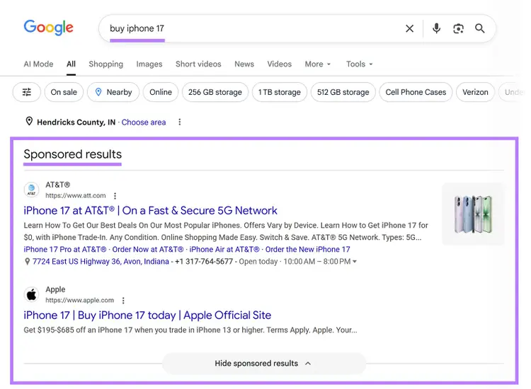 Google search results for “buy iphone 17” showing sponsored ads from AT&T and Apple