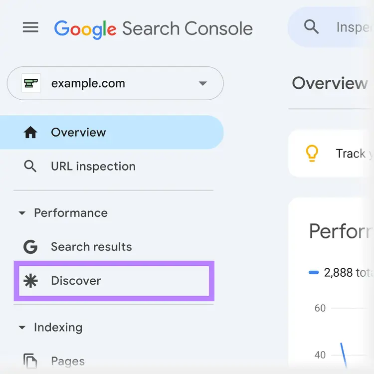 Google Search Console dashboard with Discover menu option highlighted