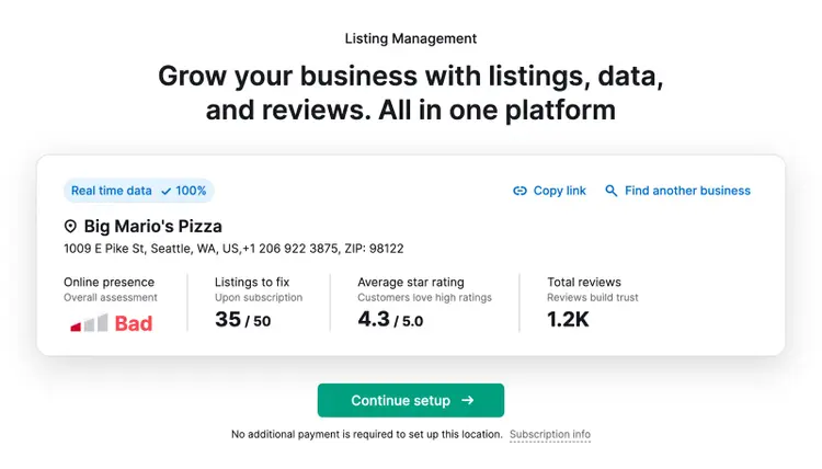 Setting up "Big Mario's Pizza" in Listing Management tool