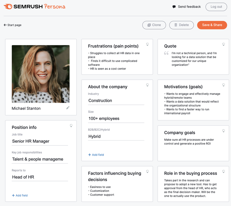 Semrush Persona template for HR manager profile with pain points and goals