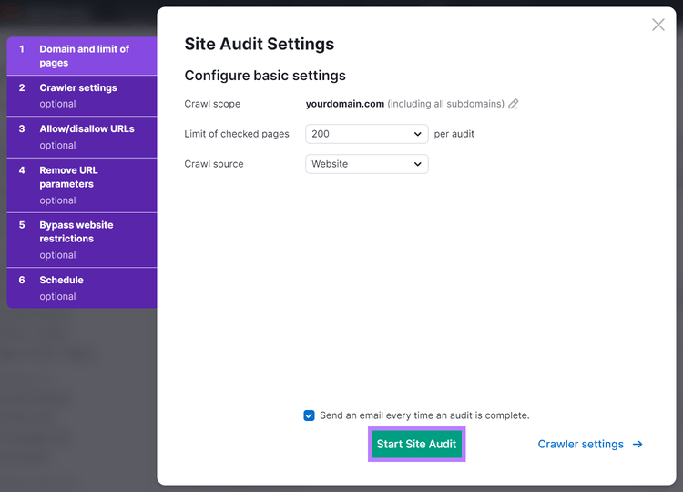 Site Audit settings configuration screen.