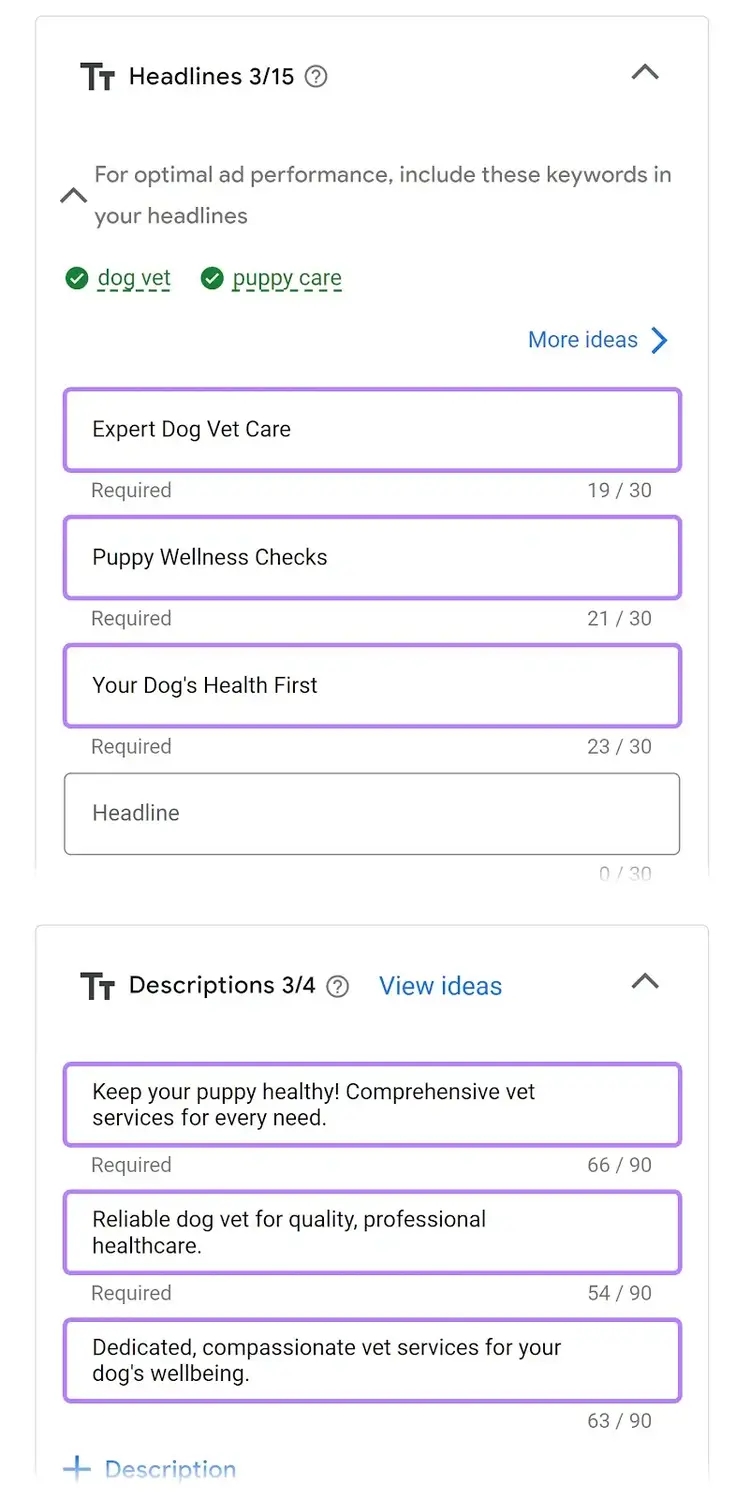 Enter ads' headlines and descriptions
