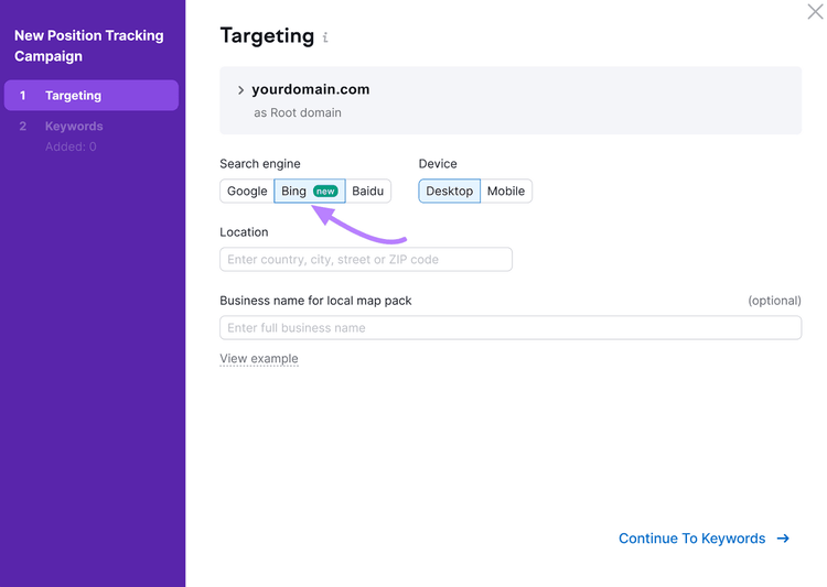Targeting configuration settings in Position Tracking tool