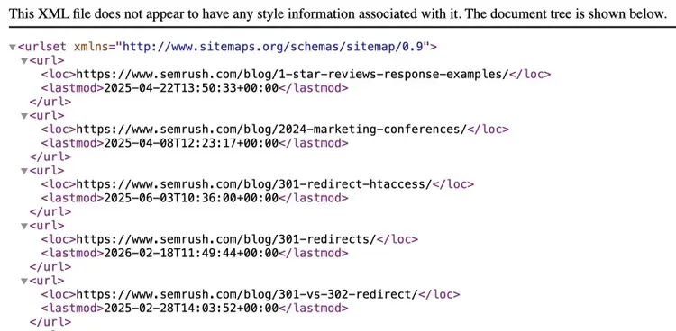 XML sitemap showing multiple Semrush blog URLs along with their last modified dates.