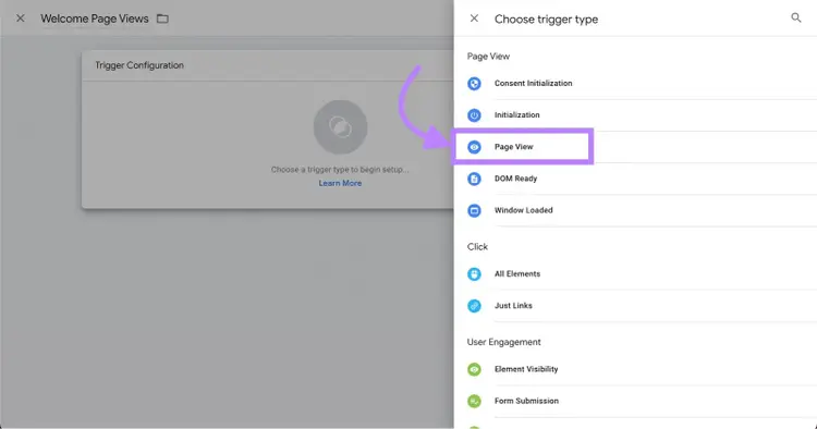 "Page View" selected under "Choose trigger type" menu