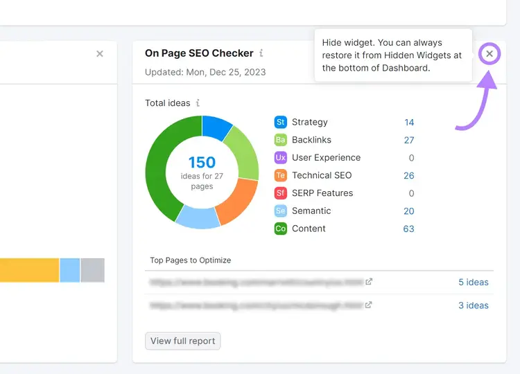 A message on Project Dashboard that reads "Hide widgets. You can always restore it from Hidden Widgets at the bottom of Dashboard."
