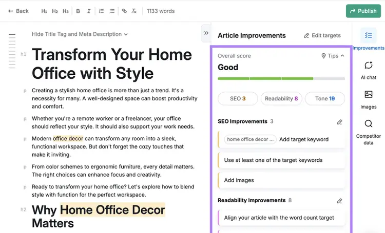 The overall score is good with SEO and readability improvements to apply.