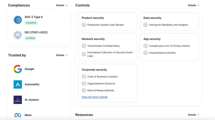 rtCamp Trust Center showing SOC 2 compliance, ISO certification, trusted by Google/Automattic/Meta, security controls