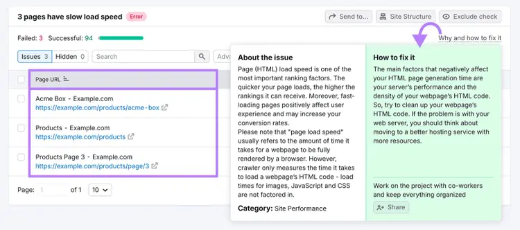 Issue audit details showing three slow-loading pages listed with fix recommendations on right.