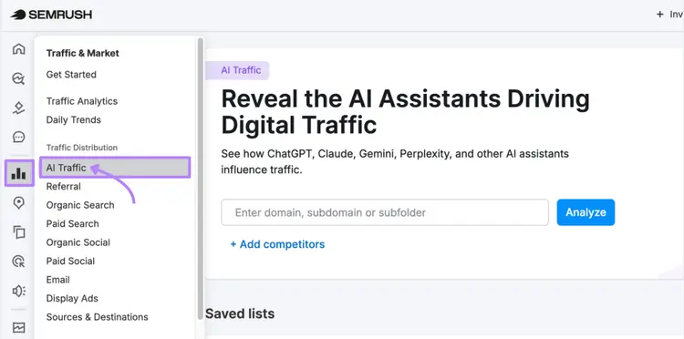 AI traffic report in Semrush