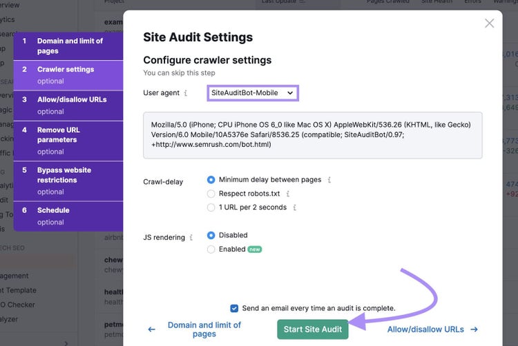 Configure crawler settings in Site Audit tool