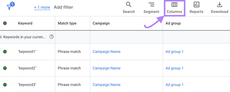 “Columns” icon highlighted