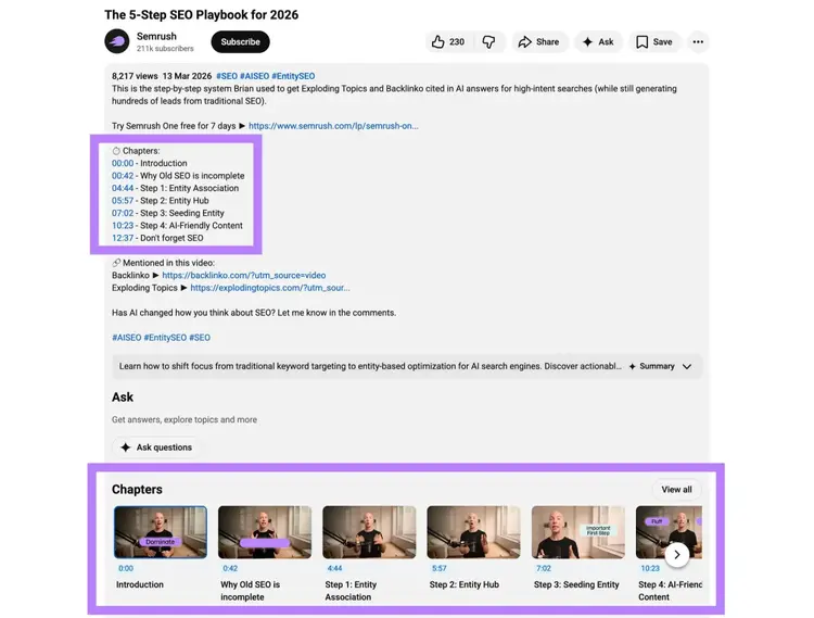 A video on YouTube by Semrush with the timestamps and chapters in the video description highlighted.