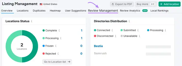 “Review Management” tab in Listing Management