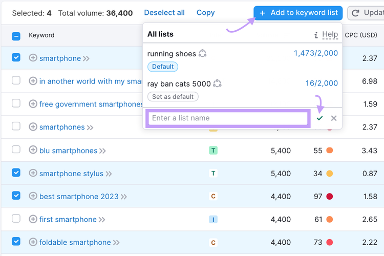 Keyword magic tool "add to keyword list" button showing the option to enter a list name when clicked.