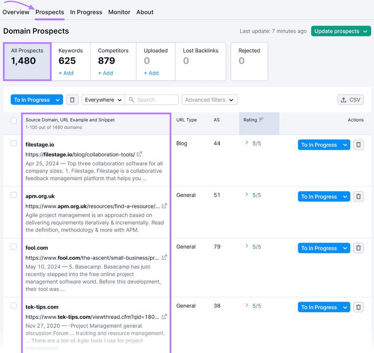 Link Building Tool "Prospects" tab displaying domain prospects with statistics and a list of entries including domain names.