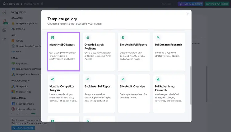 Semrush reports editor dashboard with Template gallery popup and Monthly SEO report card highlighted