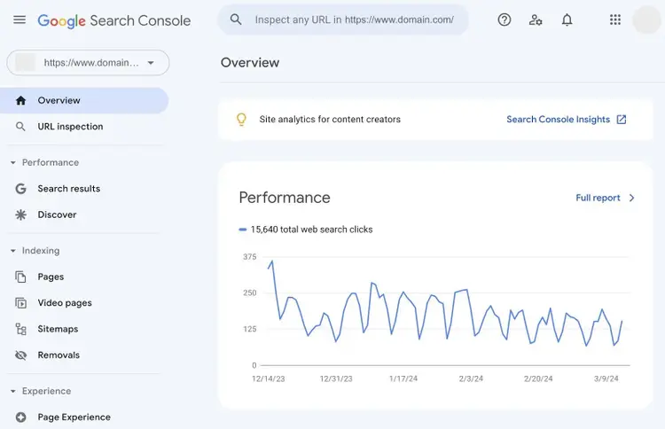 This analytics overview shows total web search clicks as well as navigation to performance in search and status of indexed pages.