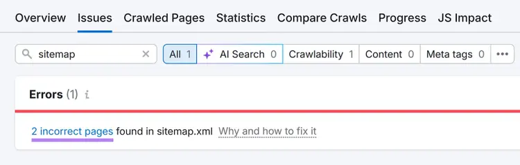 Close-up of the sitemap.xml error link highlighting two incorrect pages in Semrush Site Audit.