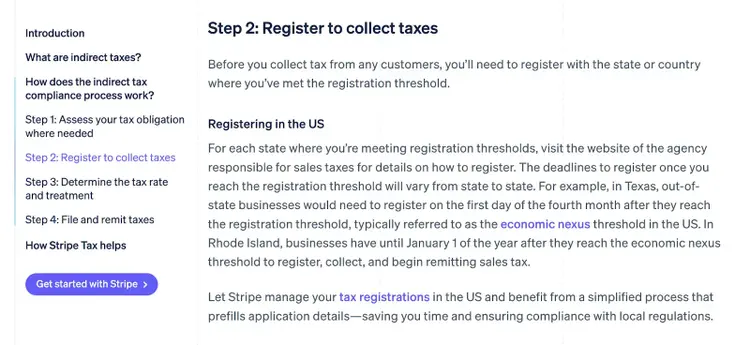 Stripe tax guide explaining how businesses register to collect sales tax after meeting registration thresholds