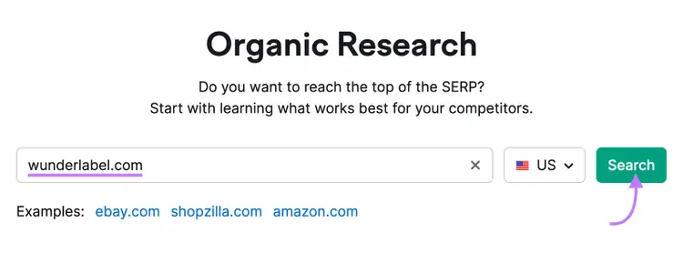 "wunderlabel.com" entered into Organic Rankings search bar