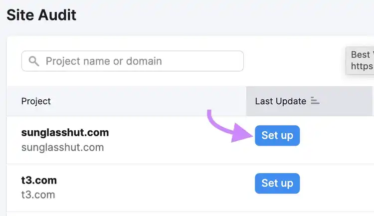 "Set up” button selected next to "sunglasshut.com" project under Site Audit