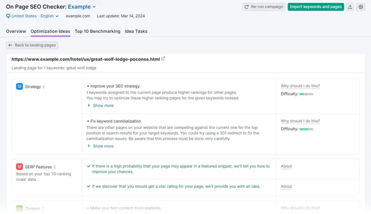 Optimization ideas page in On Page SEO Checker