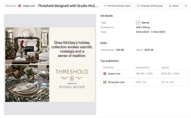A competitor's ad page in AdClarity app