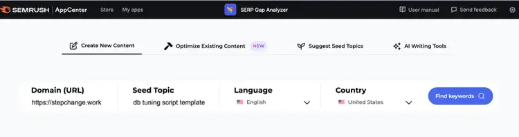SERP Gap Analyzer filters for domain, seed topic, language and country