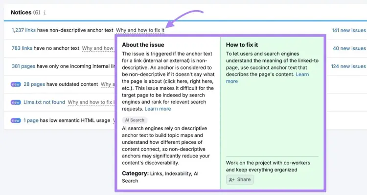 Site Audit issues with "Why and how to fix it" clicked next to a warning showing more information about it.