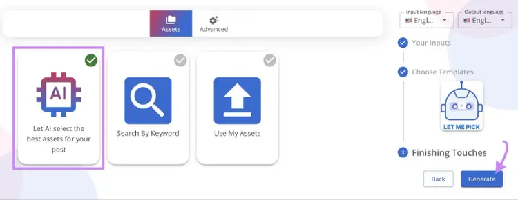 “Let AI select the best assets for your post” option selected