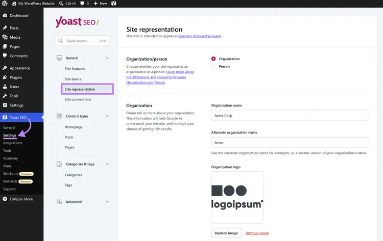 Yoast SEO site representation settings for selecting an organization and entering its name, alternate name, and logo