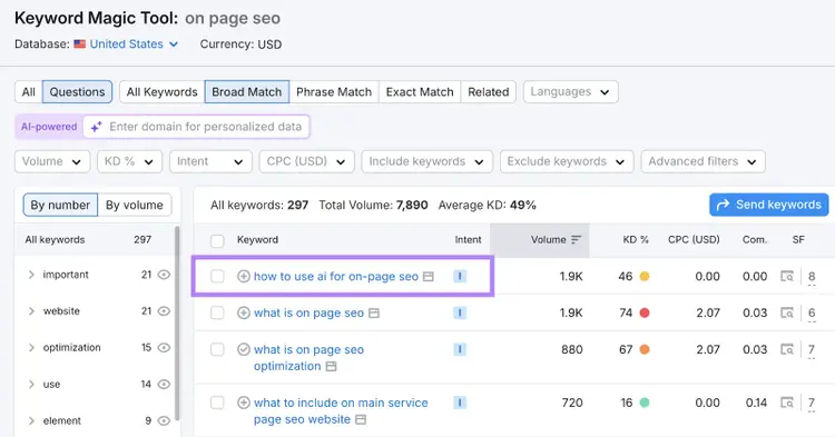 Search for on page SEO in Keyword Magic Tool shows keywords filtered by "questions" that relate to the topic.