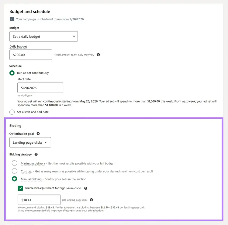 LinkedIn ad campaign budget and bidding settings with daily budget and manual bidding selected