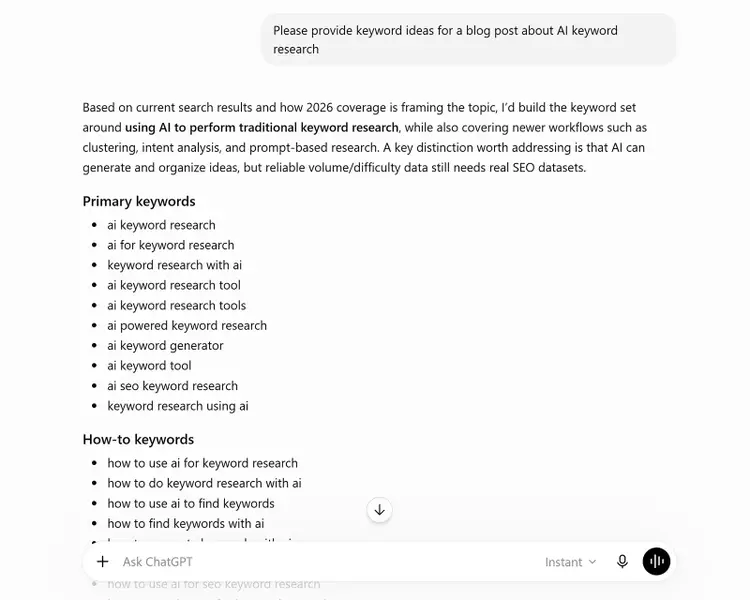 ChatGPT listing primary and how-to keywords related to AI keyword research