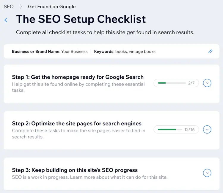 "The SEO Setup Checklist" section in Wix