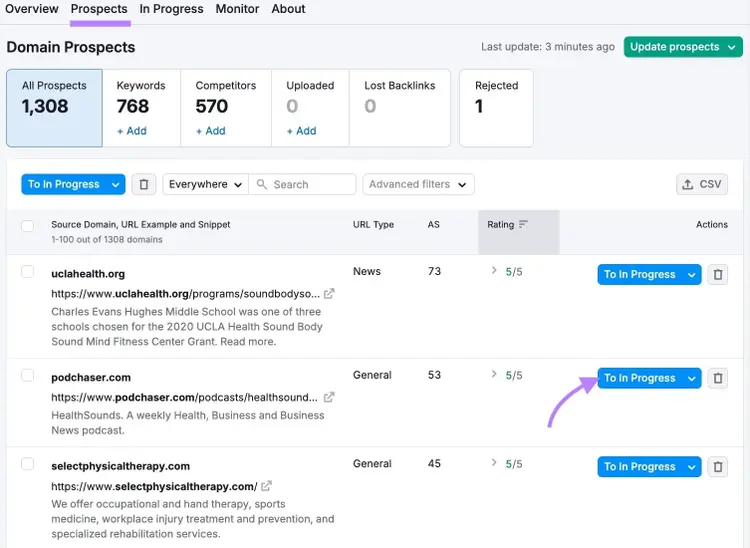 Prospects tab on the Link Building tool with "To In Progress" next to a promising option clicked.