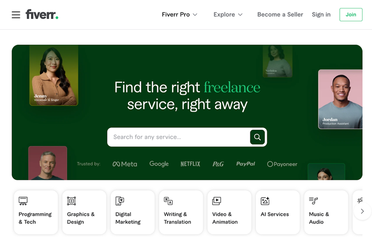 Fiver homepage allows you to search for freelance services in a search bar, including by category