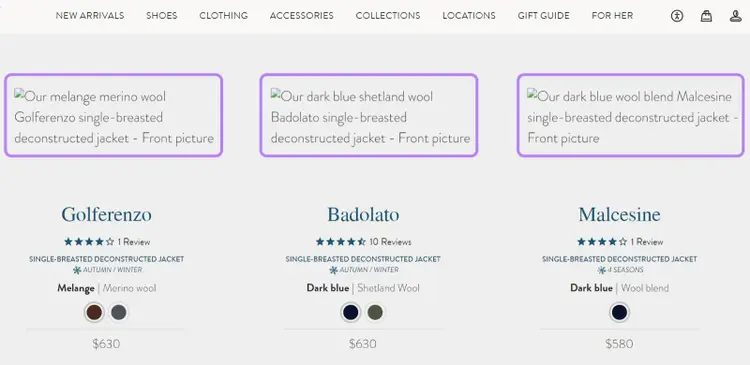ALT text acting as placeholder for missing product images on a landing page.