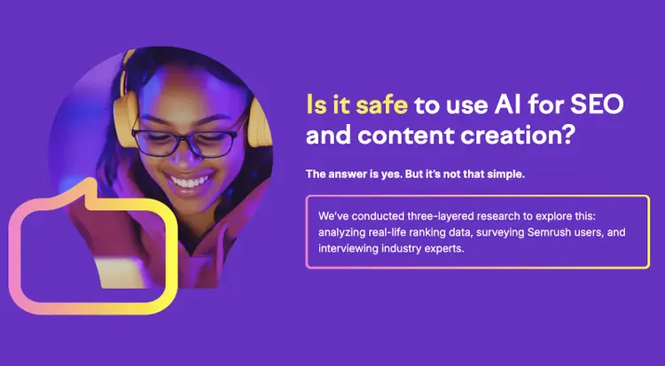 Graphic about AI for SEO with woman wearing headphones